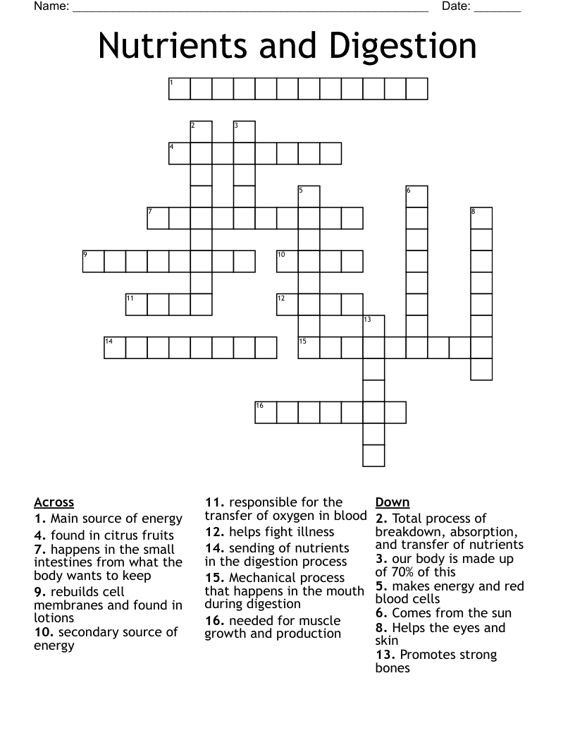 Nutrients and Digestion Crossword