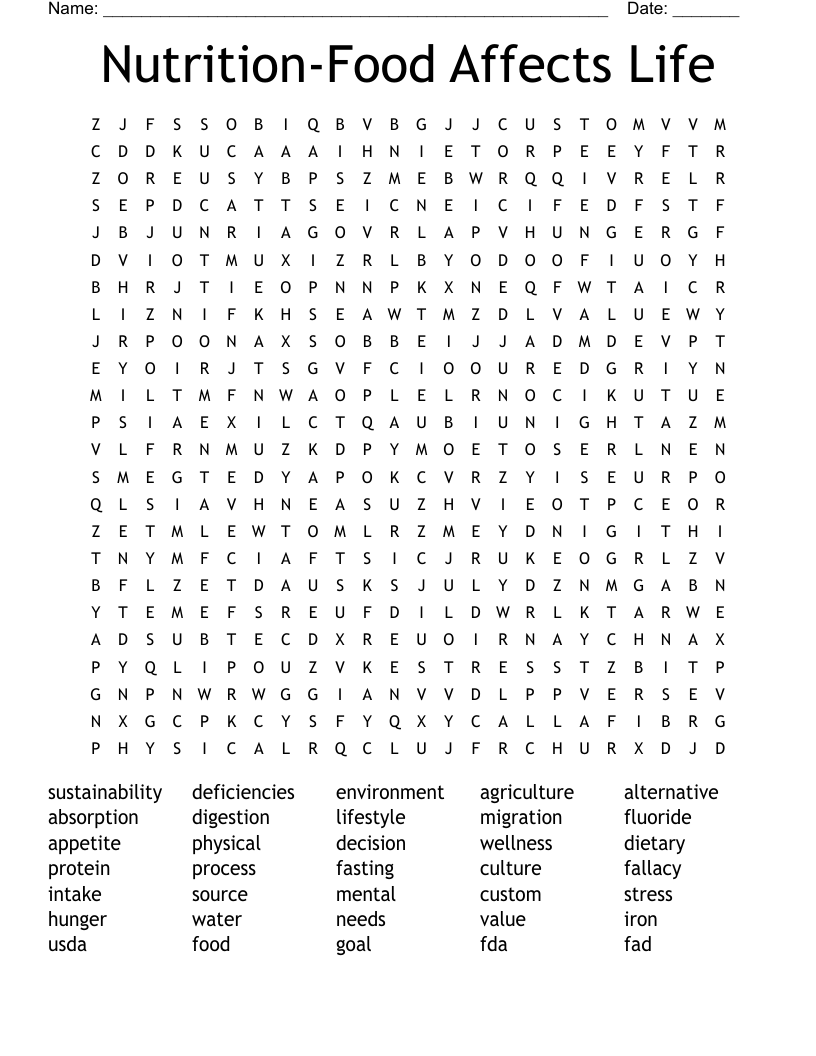 Nutrition-Food Affects Life Word Search