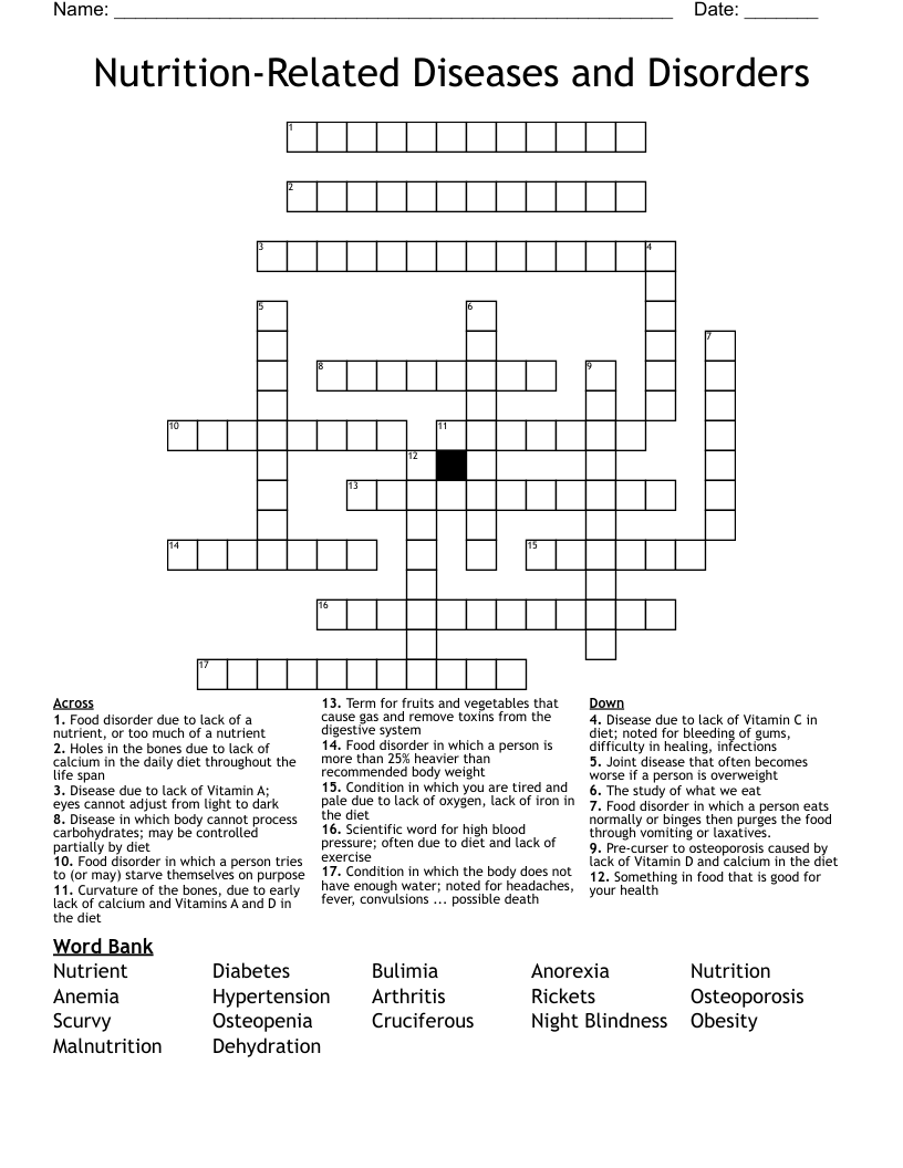 Nutrition-Related Diseases and Disorders Crossword