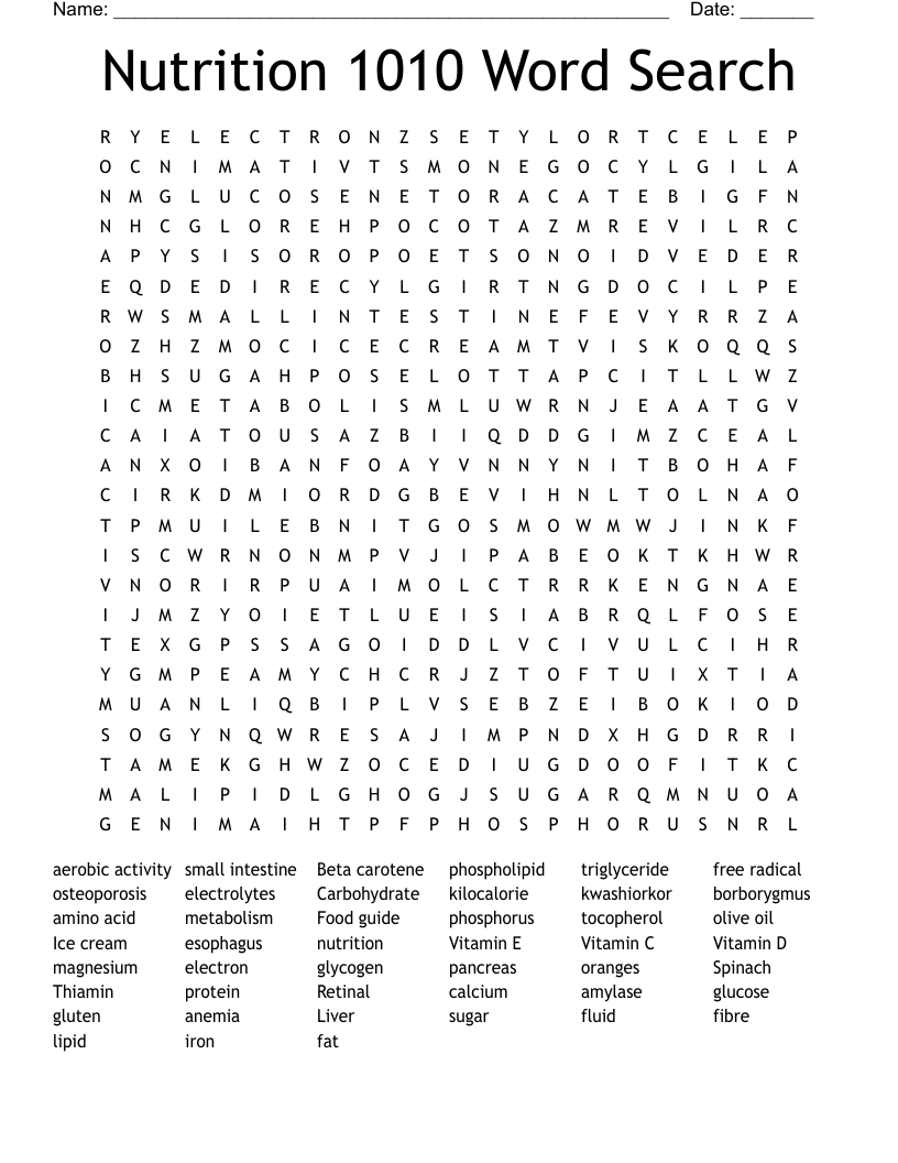 Nutrition 1010 Word Search