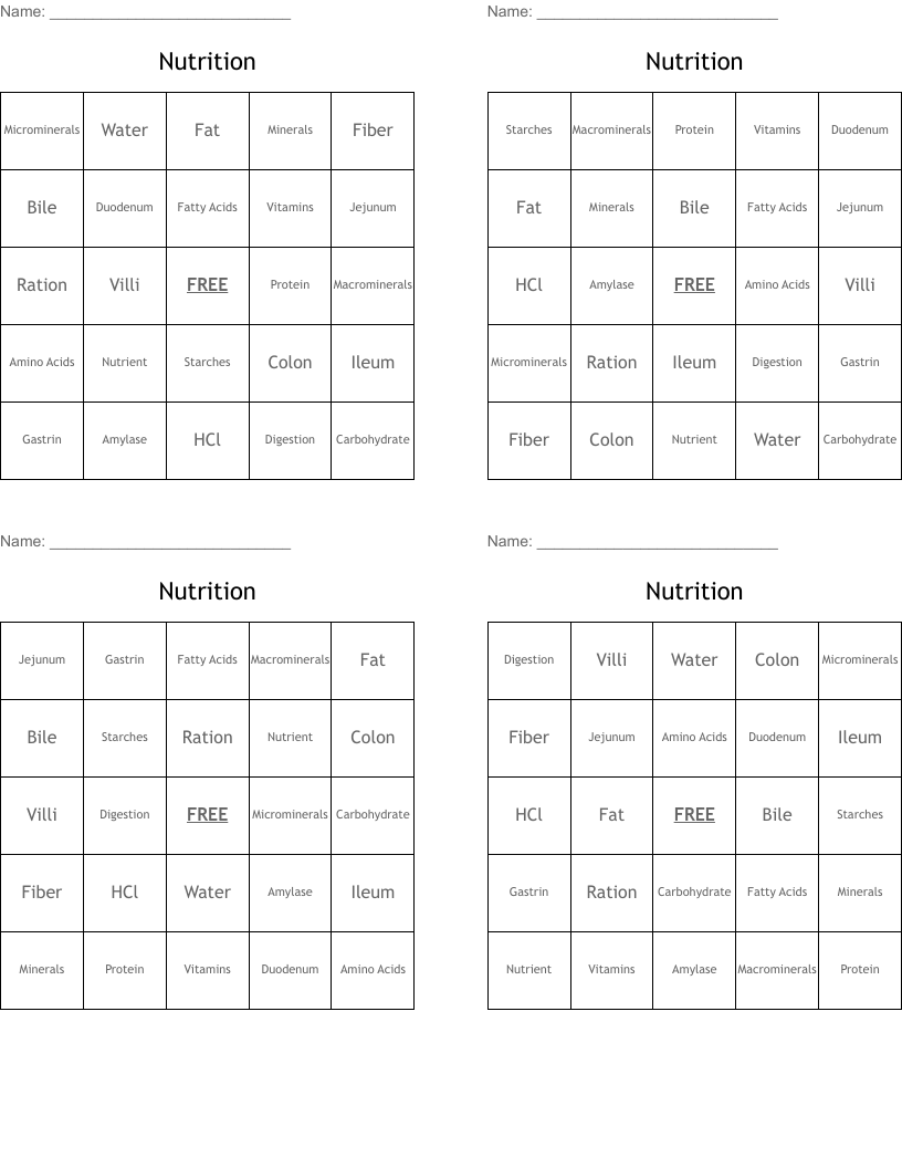 Nutrition Bingo Cards