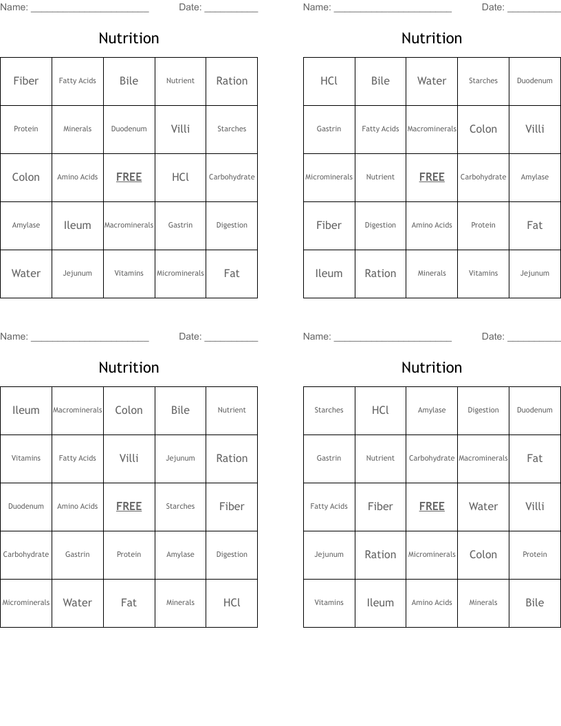 Nutrition Bingo Cards