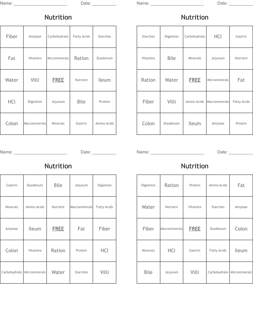 Nutrition Bingo Cards