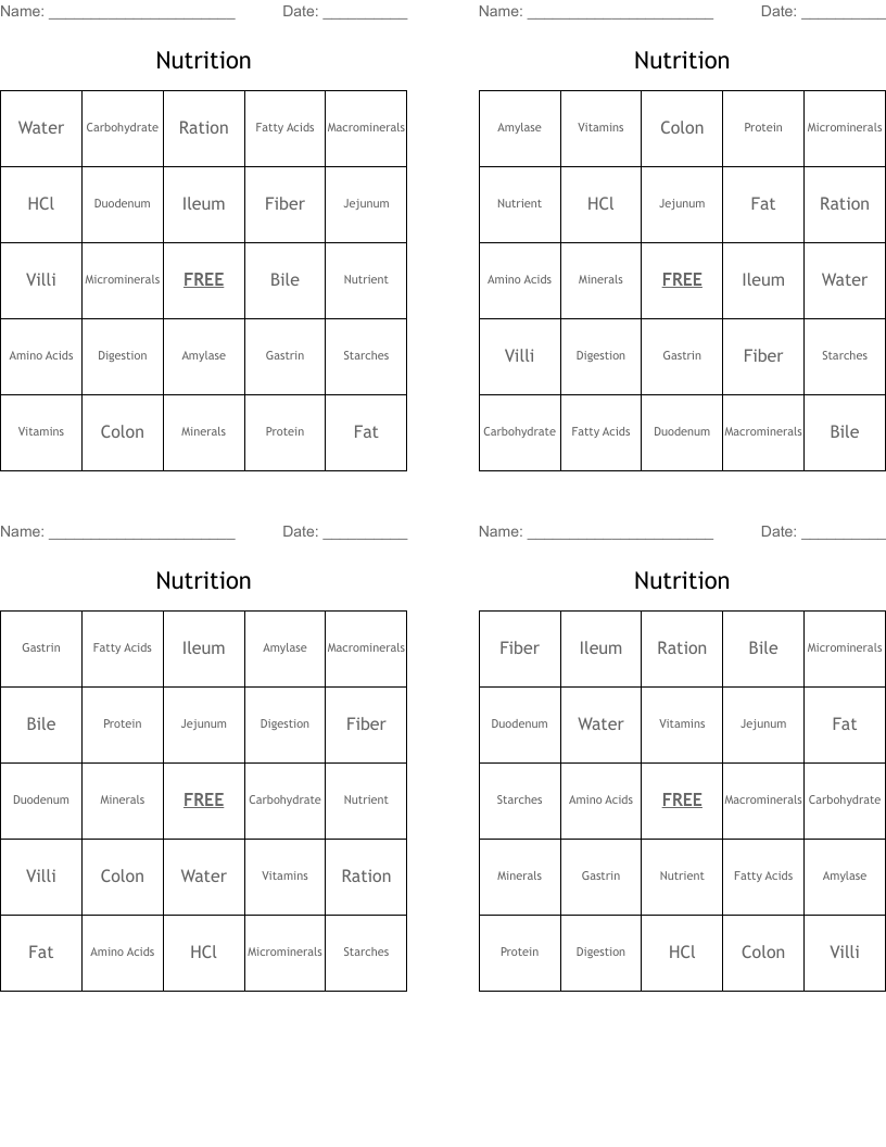 Nutrition Bingo Cards
