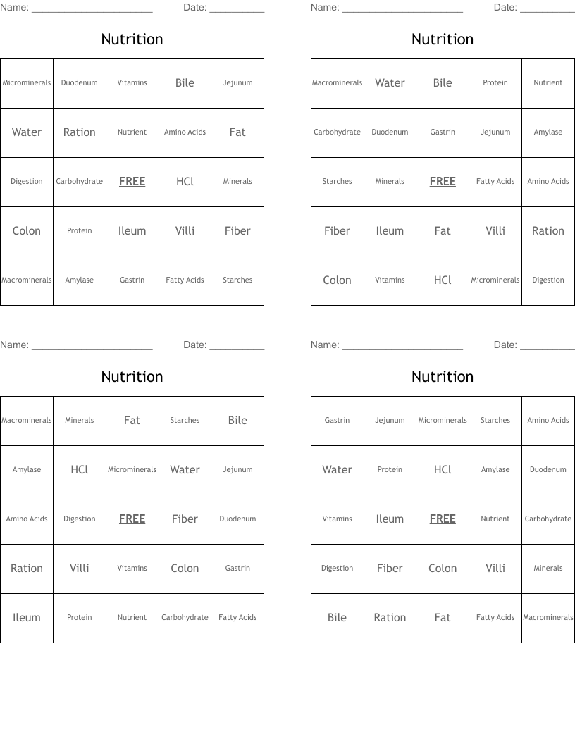 Nutrition Bingo Cards