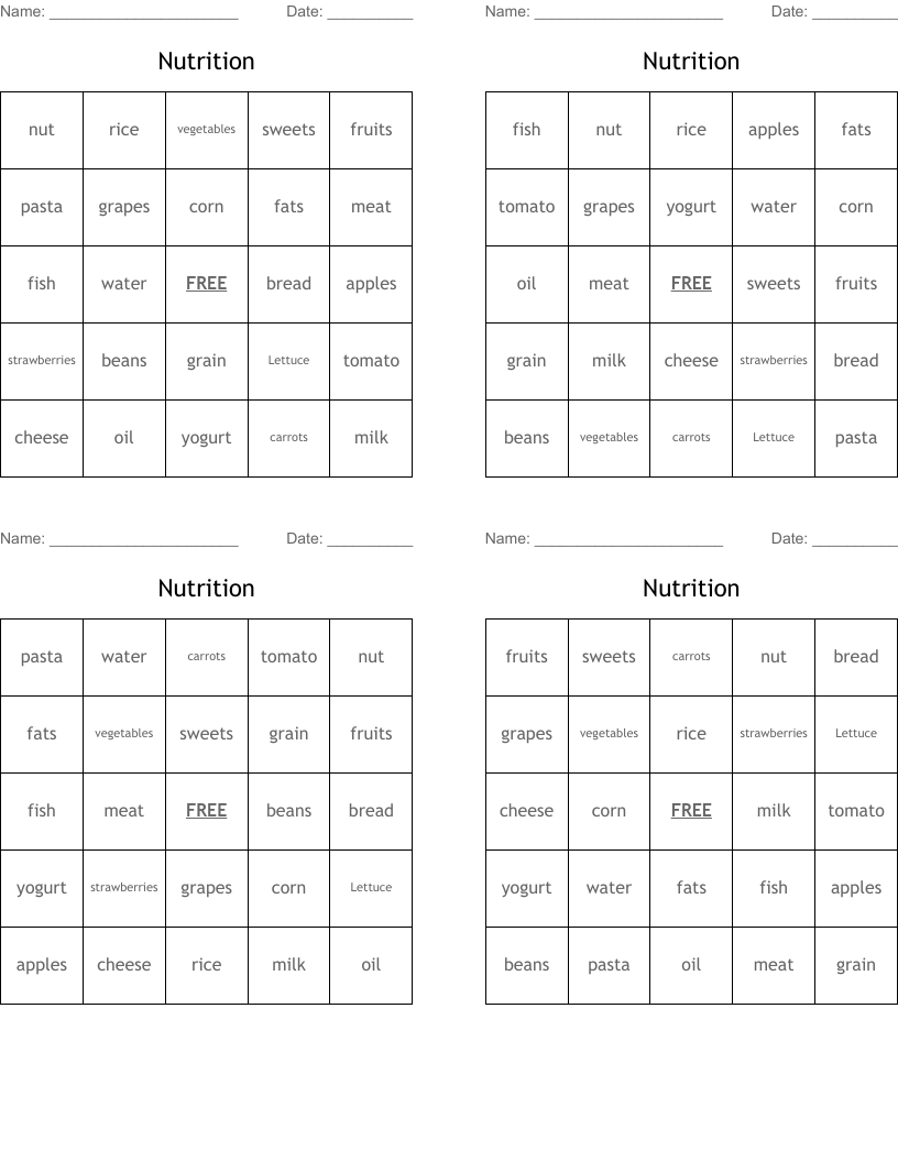 Nutrition Bingo Cards
