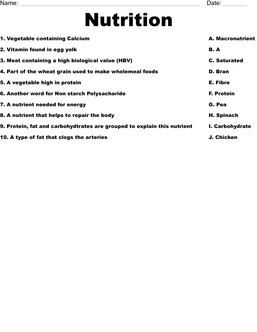 Nutrition Worksheet