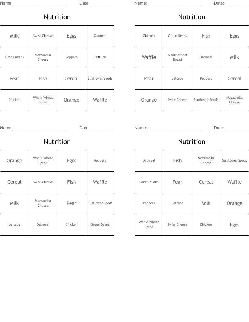 Nutrition Bingo Cards