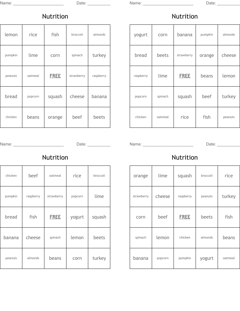 Nutrition Bingo Cards