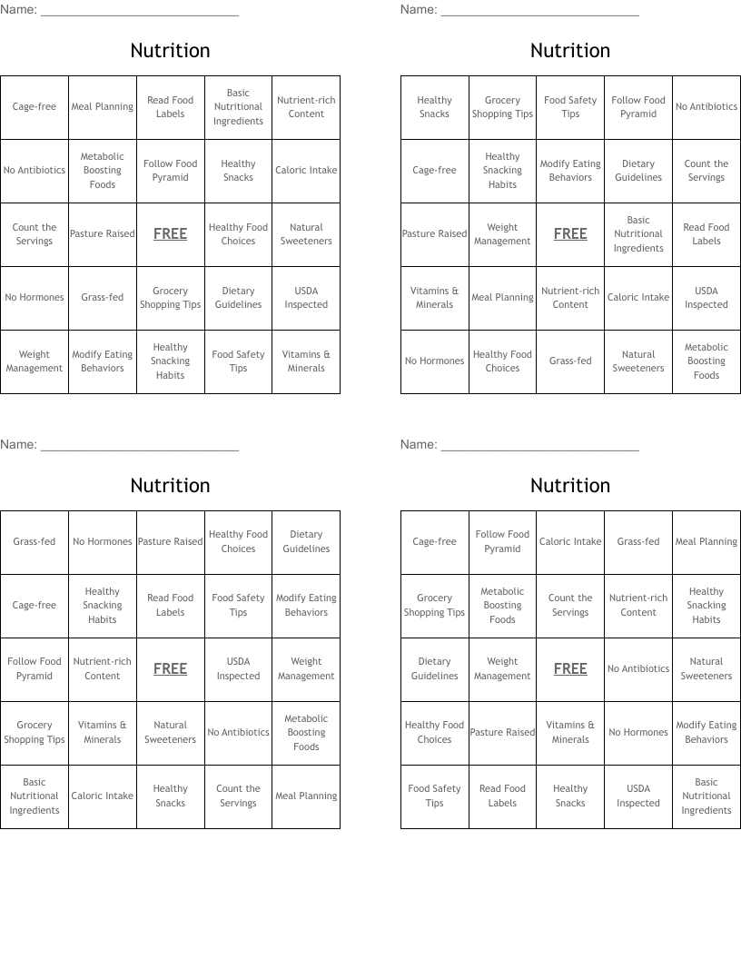 Nutrition Bingo Cards