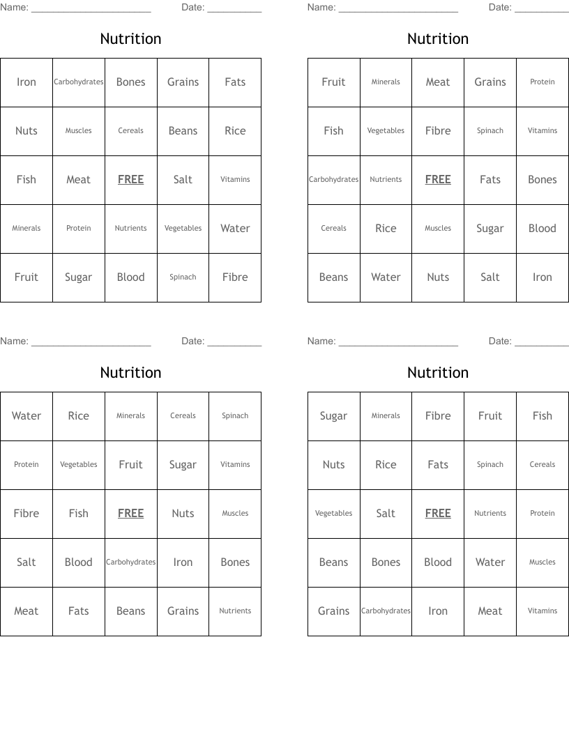 Nutrition Bingo Cards