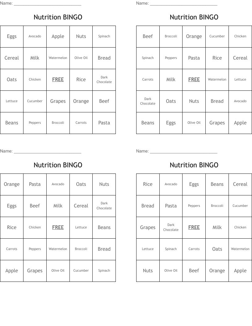 Nutrition BINGO