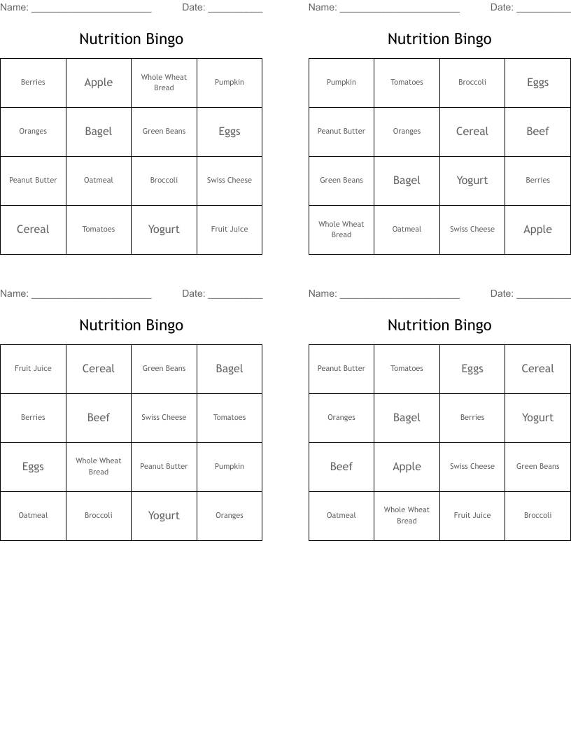 Nutrition Bingo