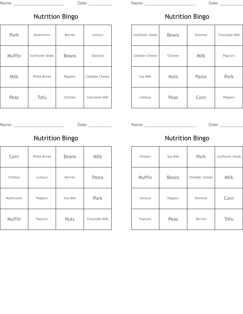 Nutrition Bingo