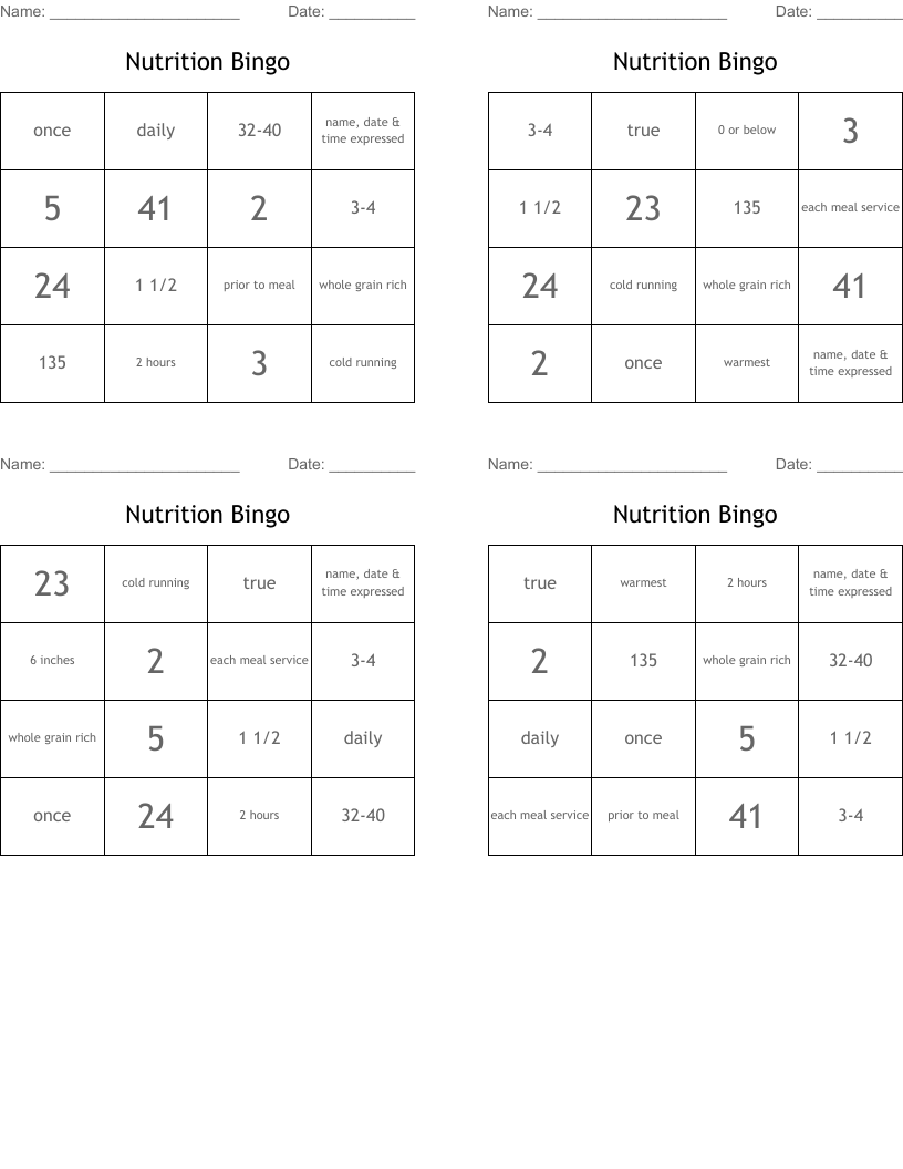 Nutrition Bingo