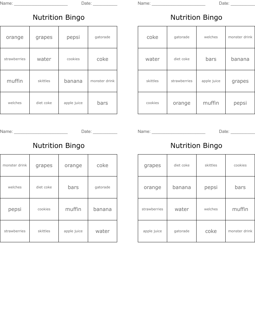 Nutrition Bingo