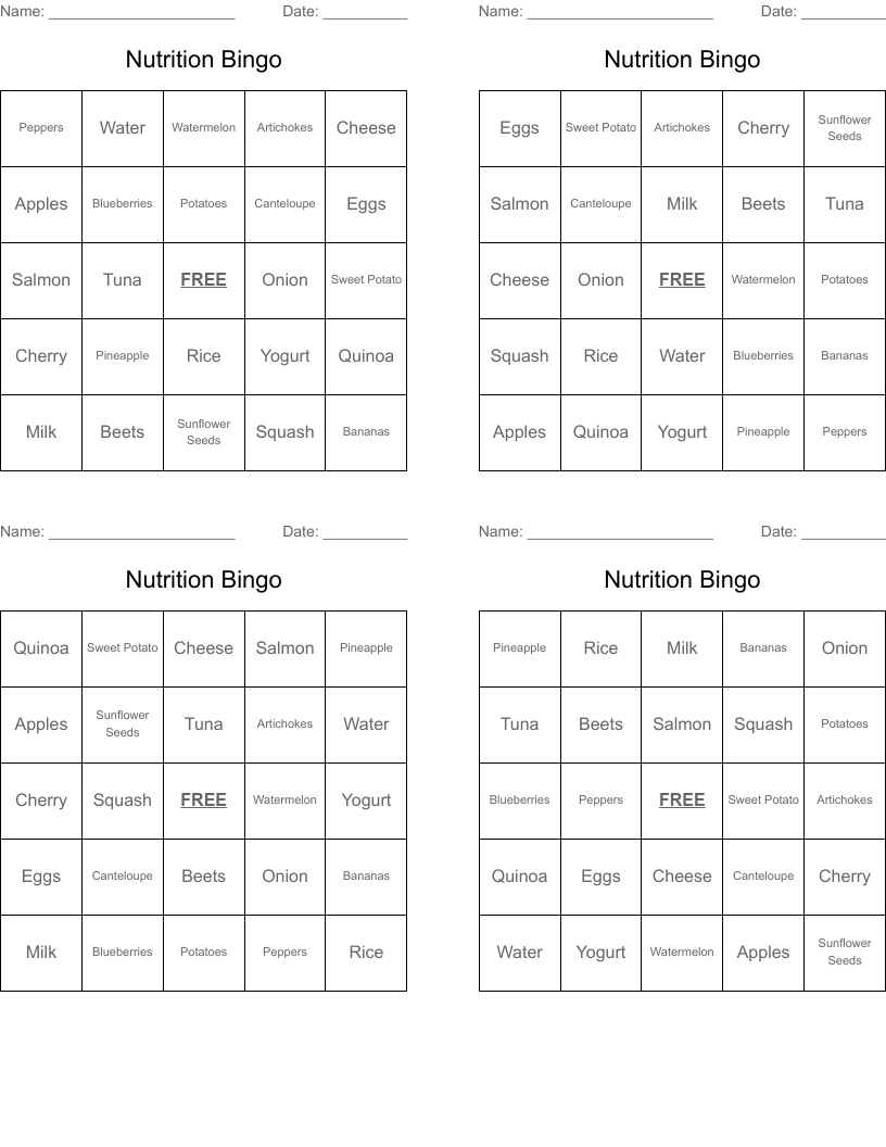 Nutrition Bingo