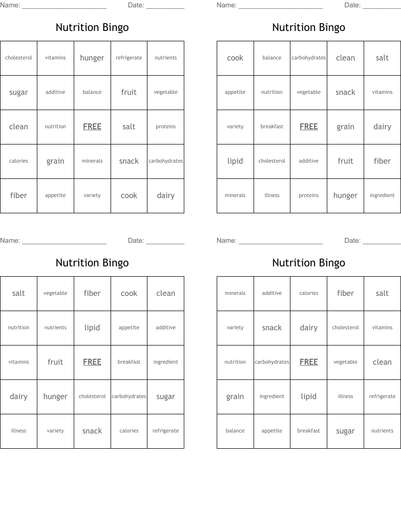Nutrition Bingo