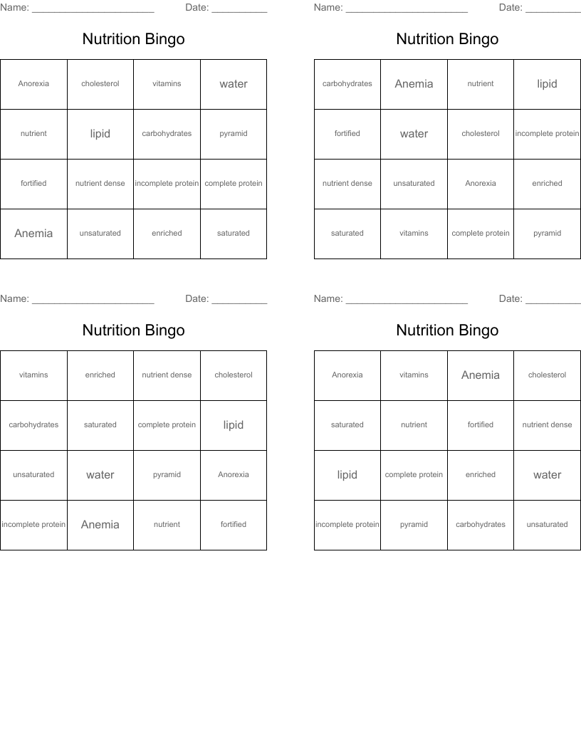Nutrition Bingo 