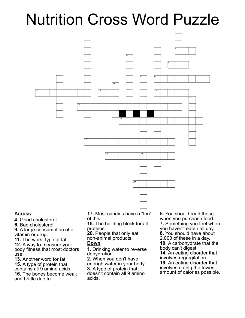 Nutrition Cross Word Puzzle