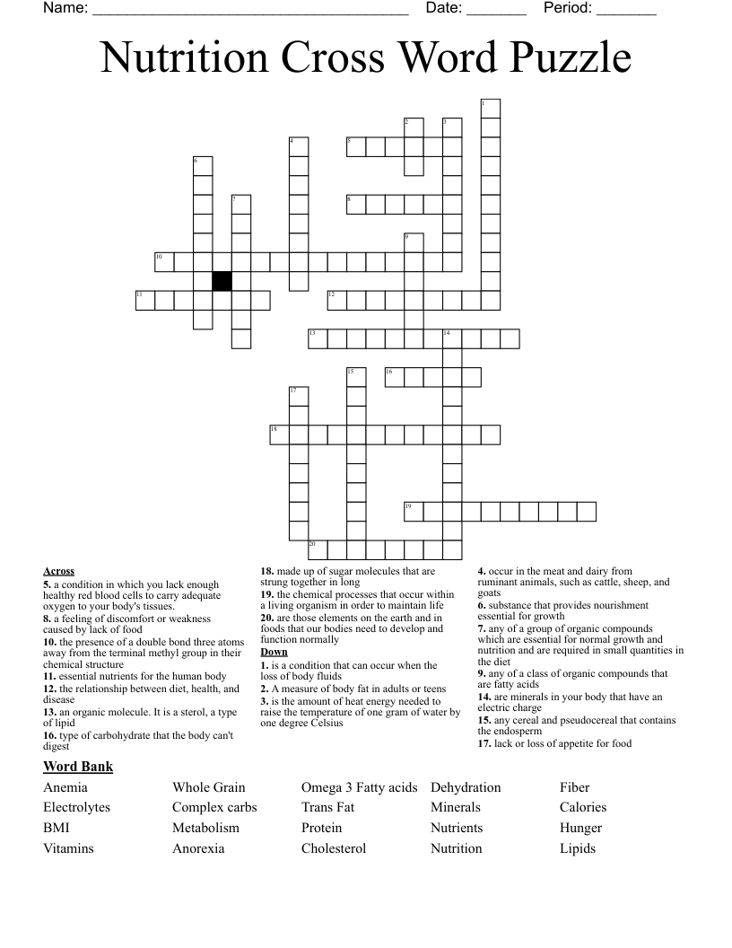 Nutrition Cross Word Puzzle