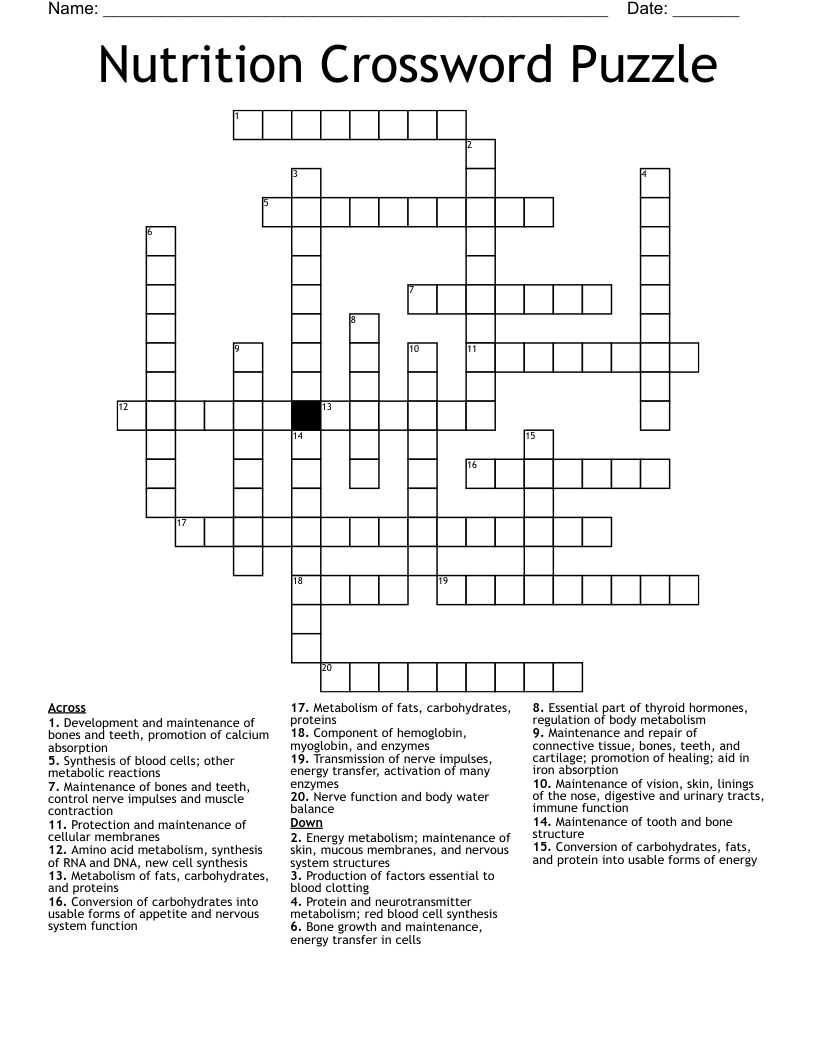 Nutrition Crossword Puzzle