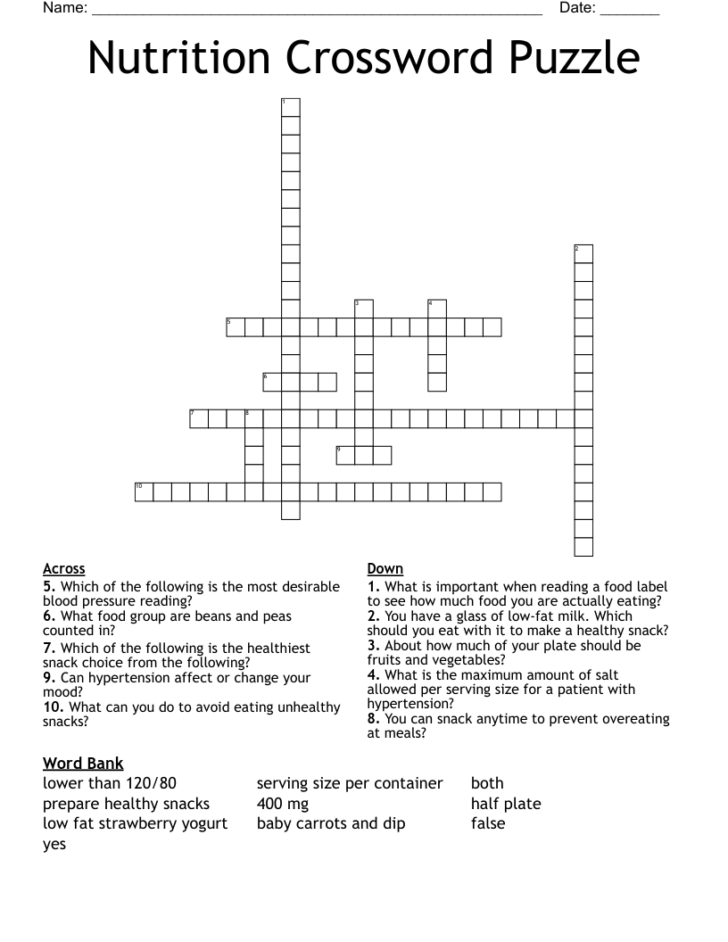 Nutrition Crossword Puzzle