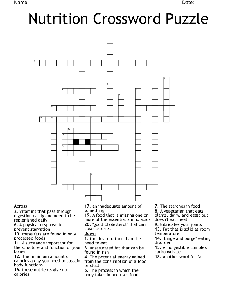 Nutrition Crossword Puzzle 