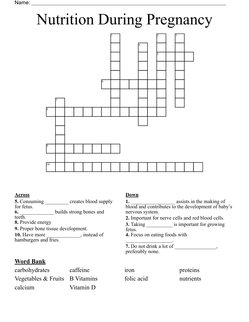 Nutrition During Pregnancy Crossword