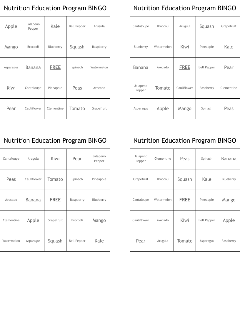 Nutrition Education Program BINGO