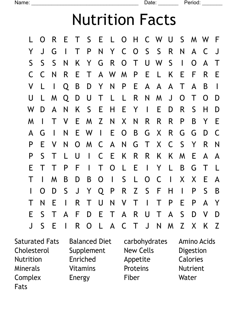 Nutrition Facts Word Search
