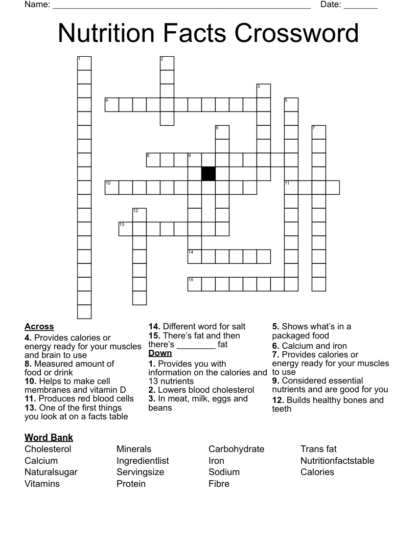 Nutrition Facts Crossword