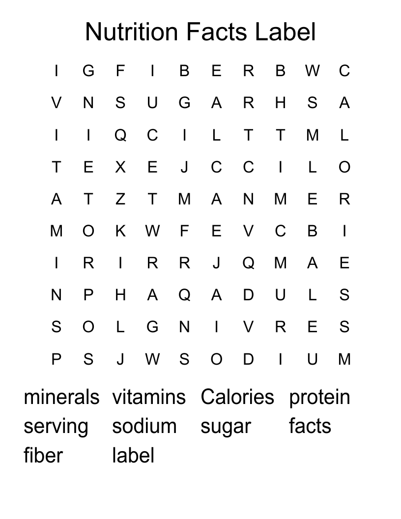 Nutrition Facts Label Word Search