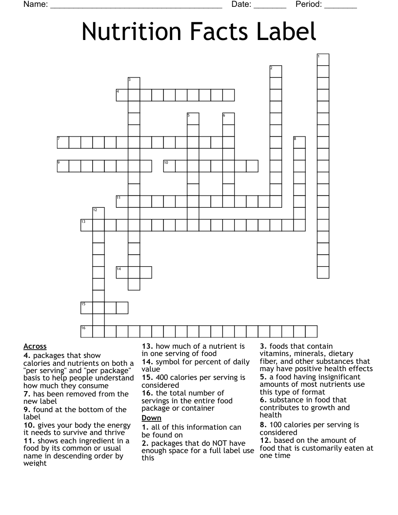 Nutrition Facts Label Crossword