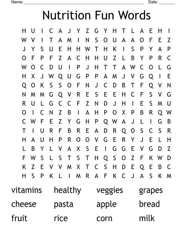 Nutrition Fun Words Word Search