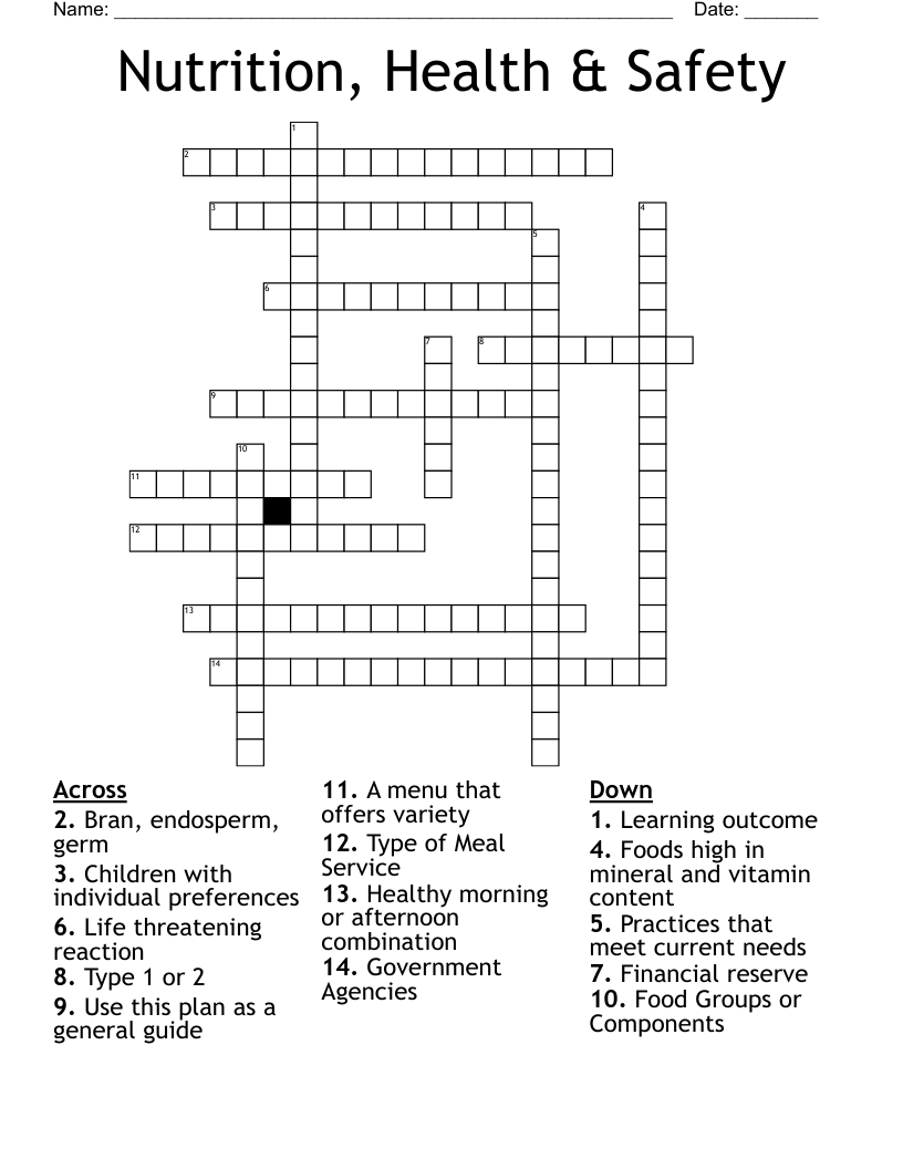 Nutrition, Health & Safety Crossword