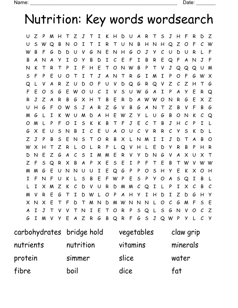 Nutrition: Key words wordsearch
