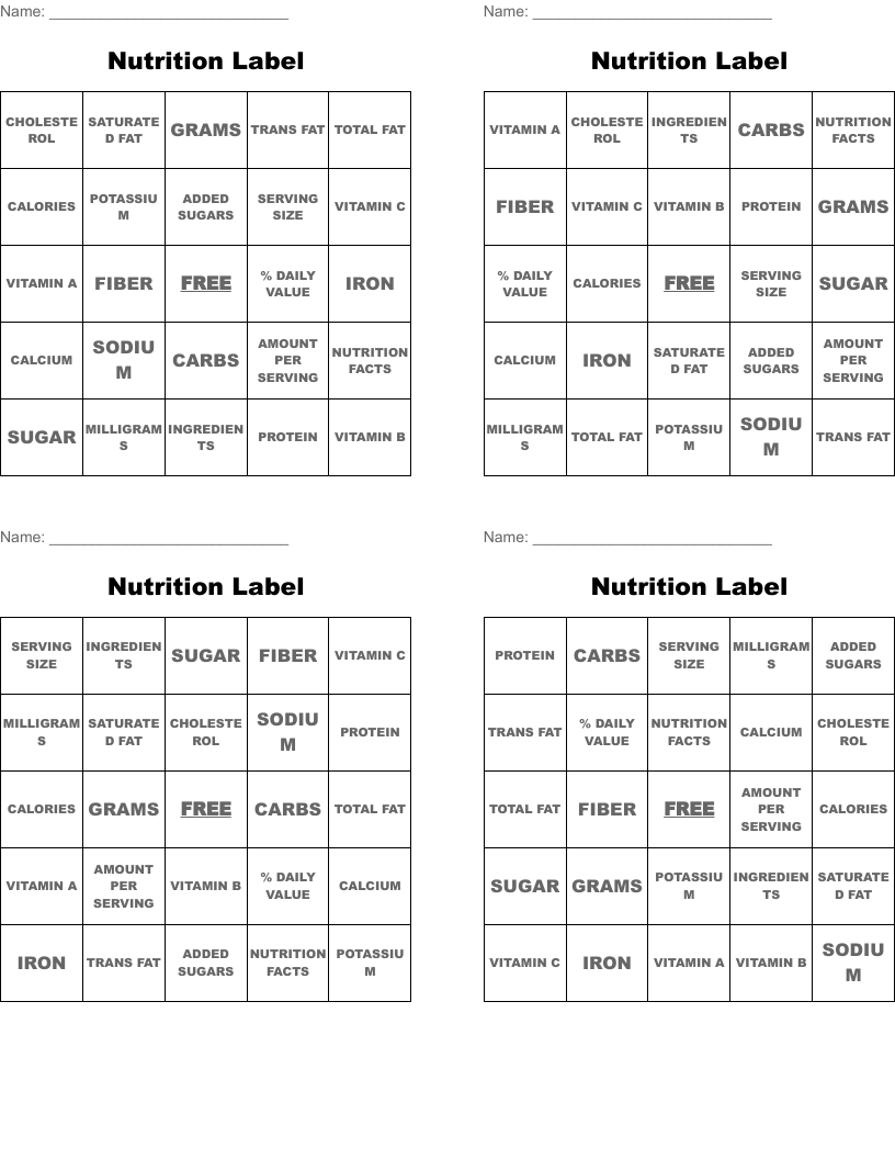 Nutrition Label Bingo Cards