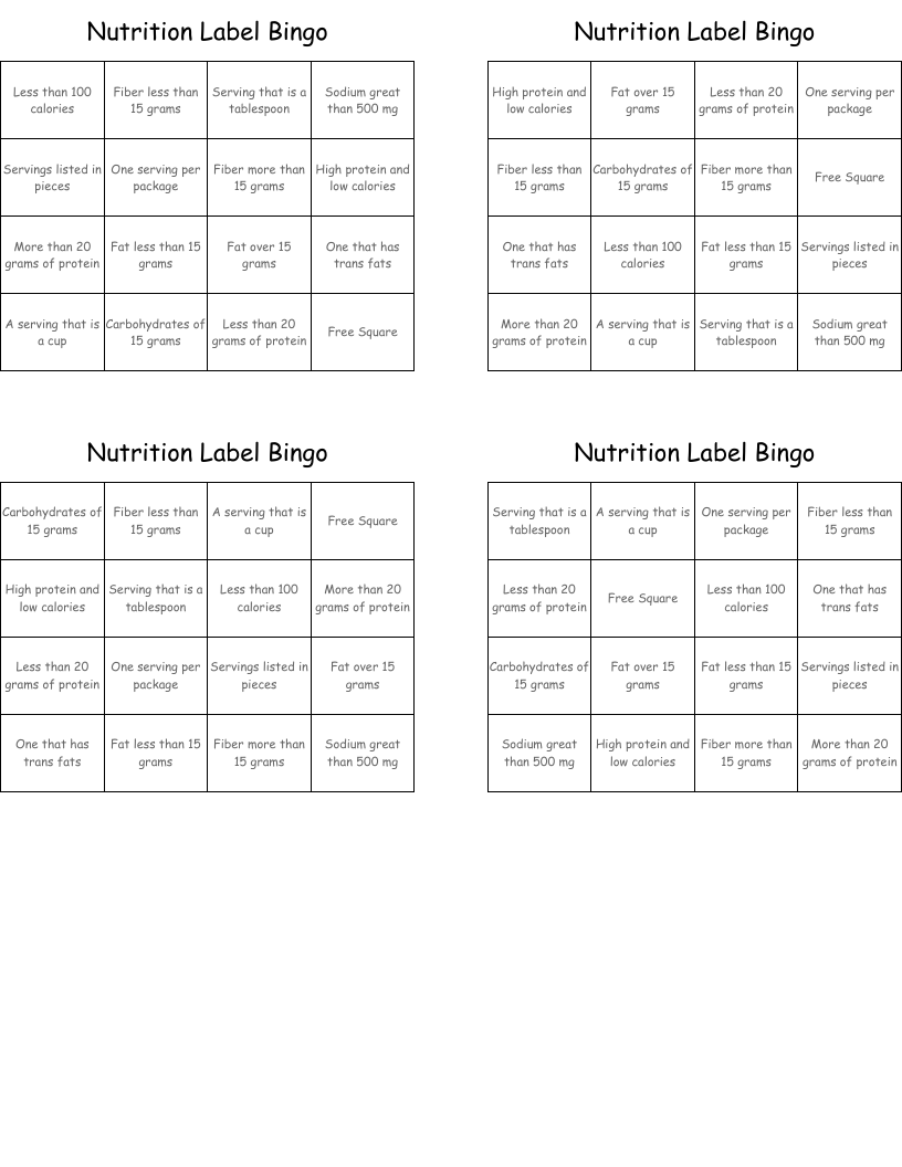 Nutrition Label Bingo