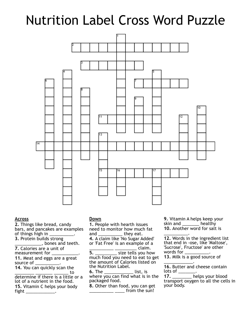 Nutrition Label Cross Word Puzzle