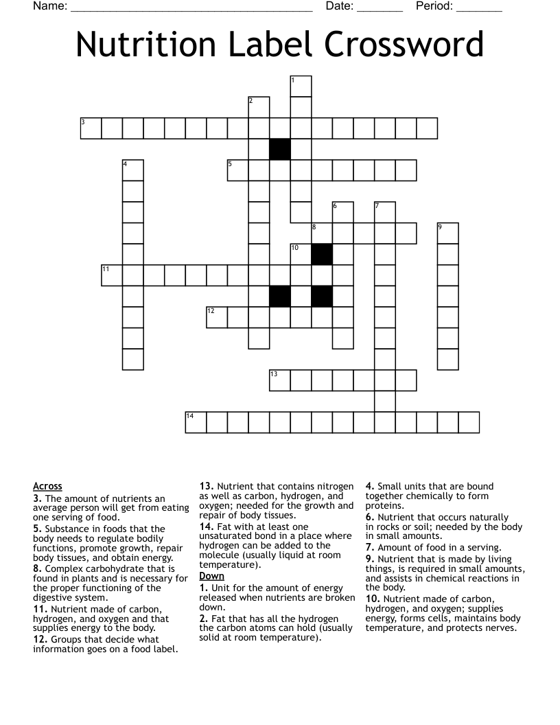 Nutrition Label Crossword