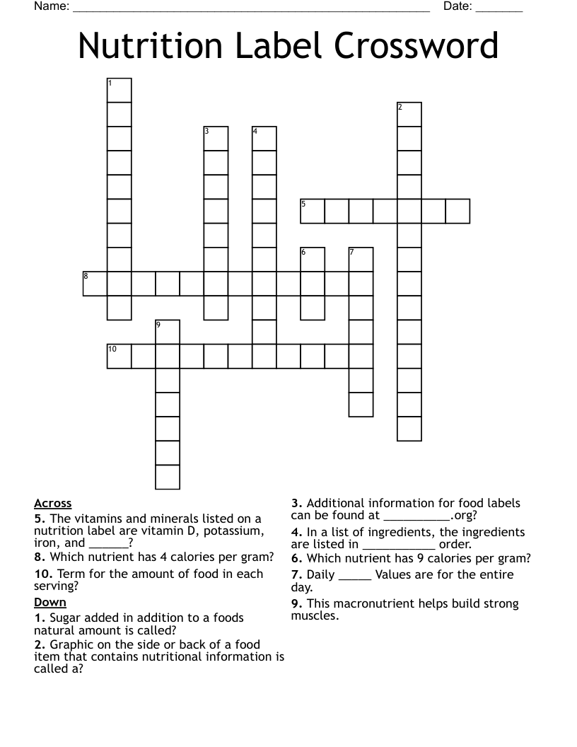 Nutrition Label Crossword