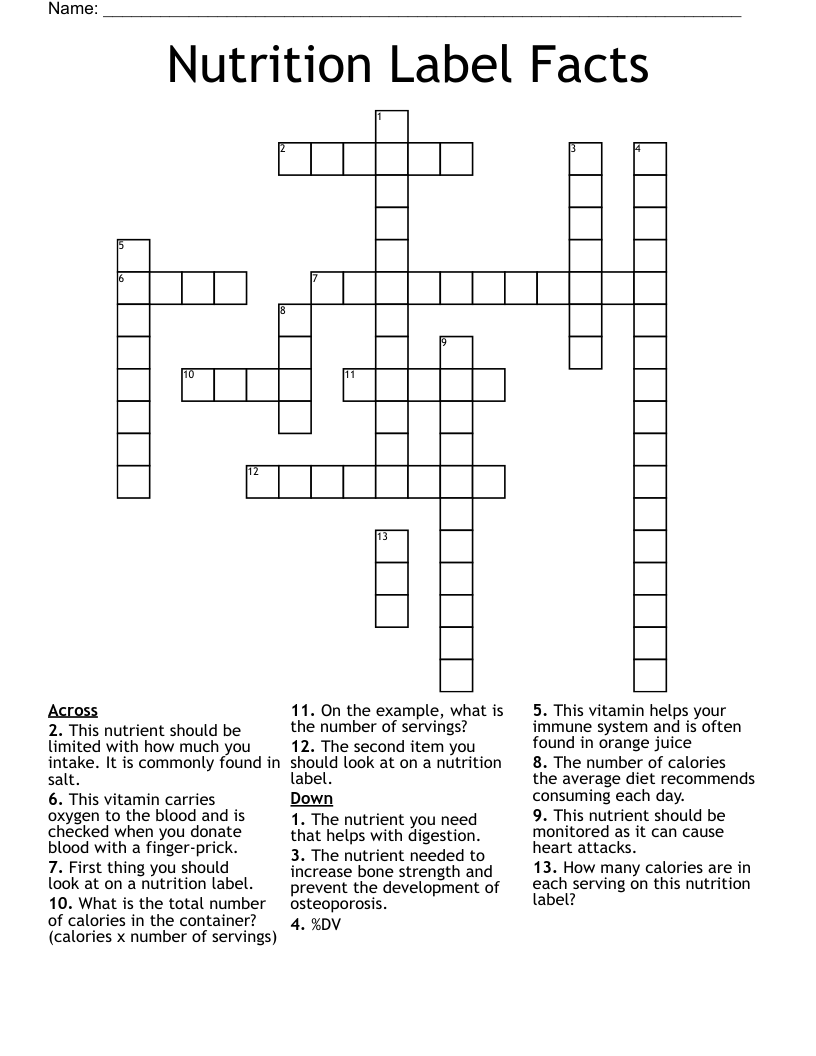 Nutrition Label Facts Crossword