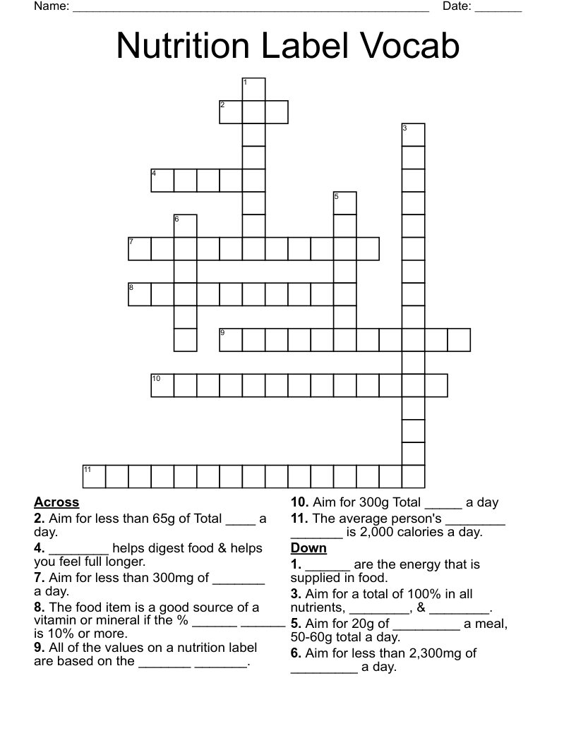 Nutrition Label Vocab Crossword