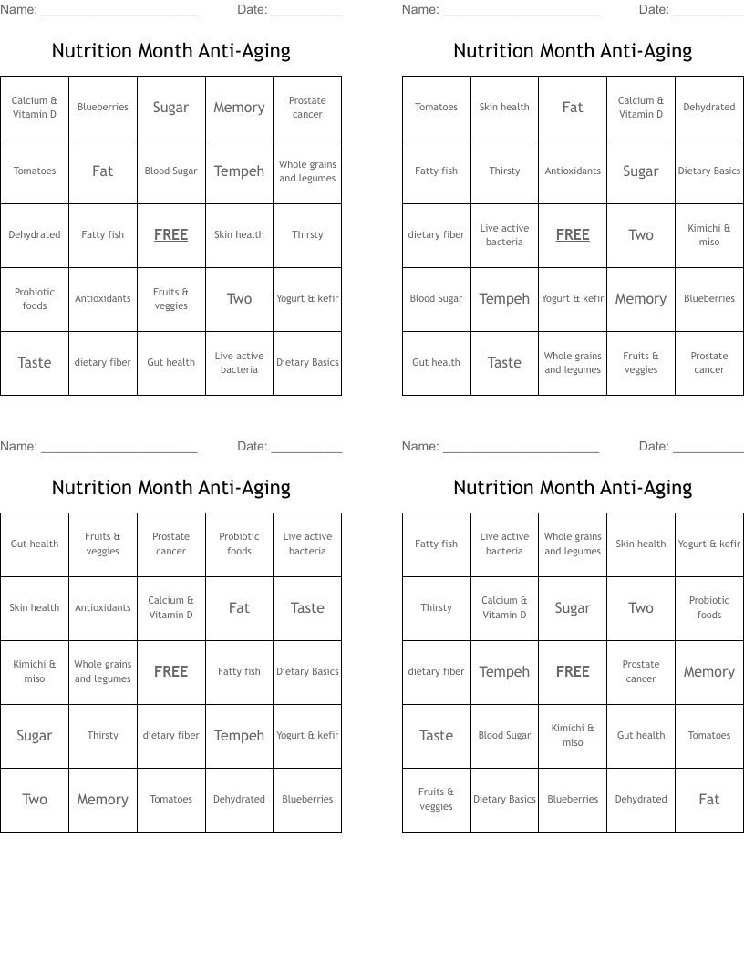 Nutrition Month Anti-Aging Bingo Cards