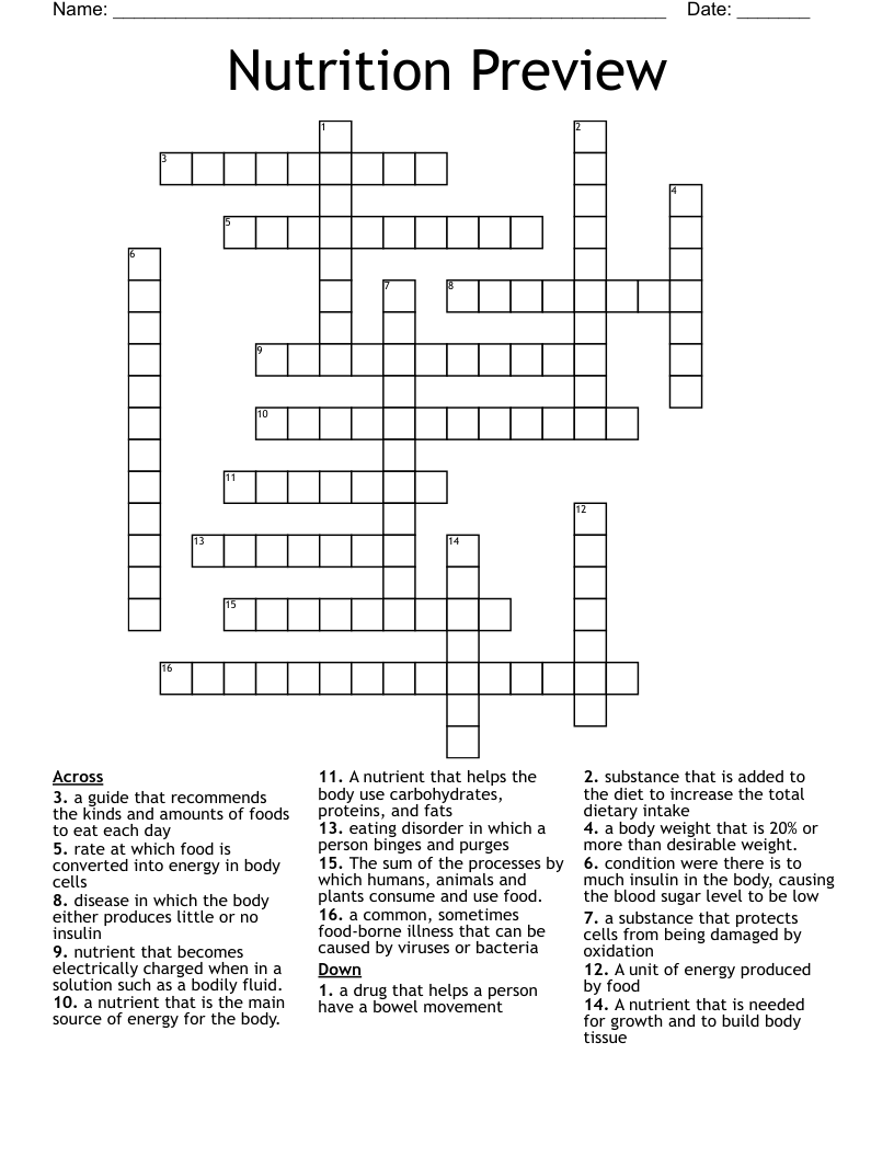 Nutrition Preview Crossword