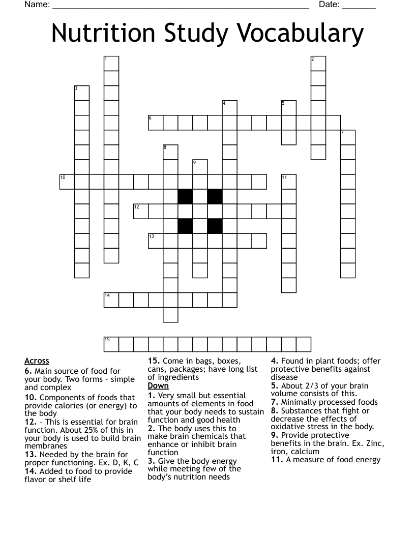 Nutrition Study Vocabulary Crossword