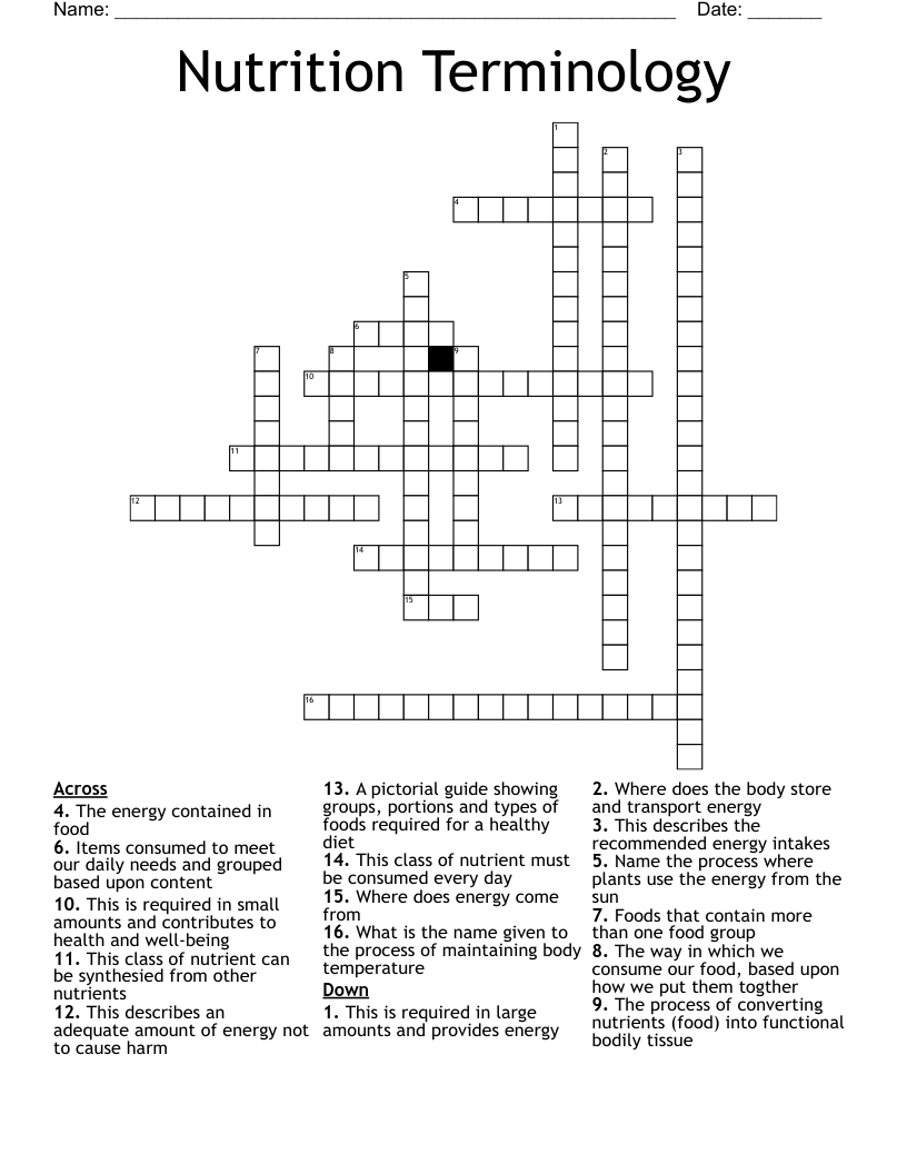 Nutrition Terminology  Crossword