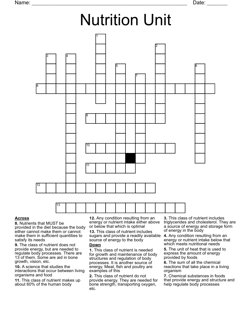 Nutrition Unit Crossword