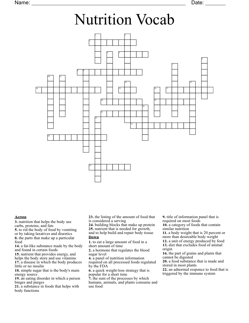 Nutrition Vocab Crossword